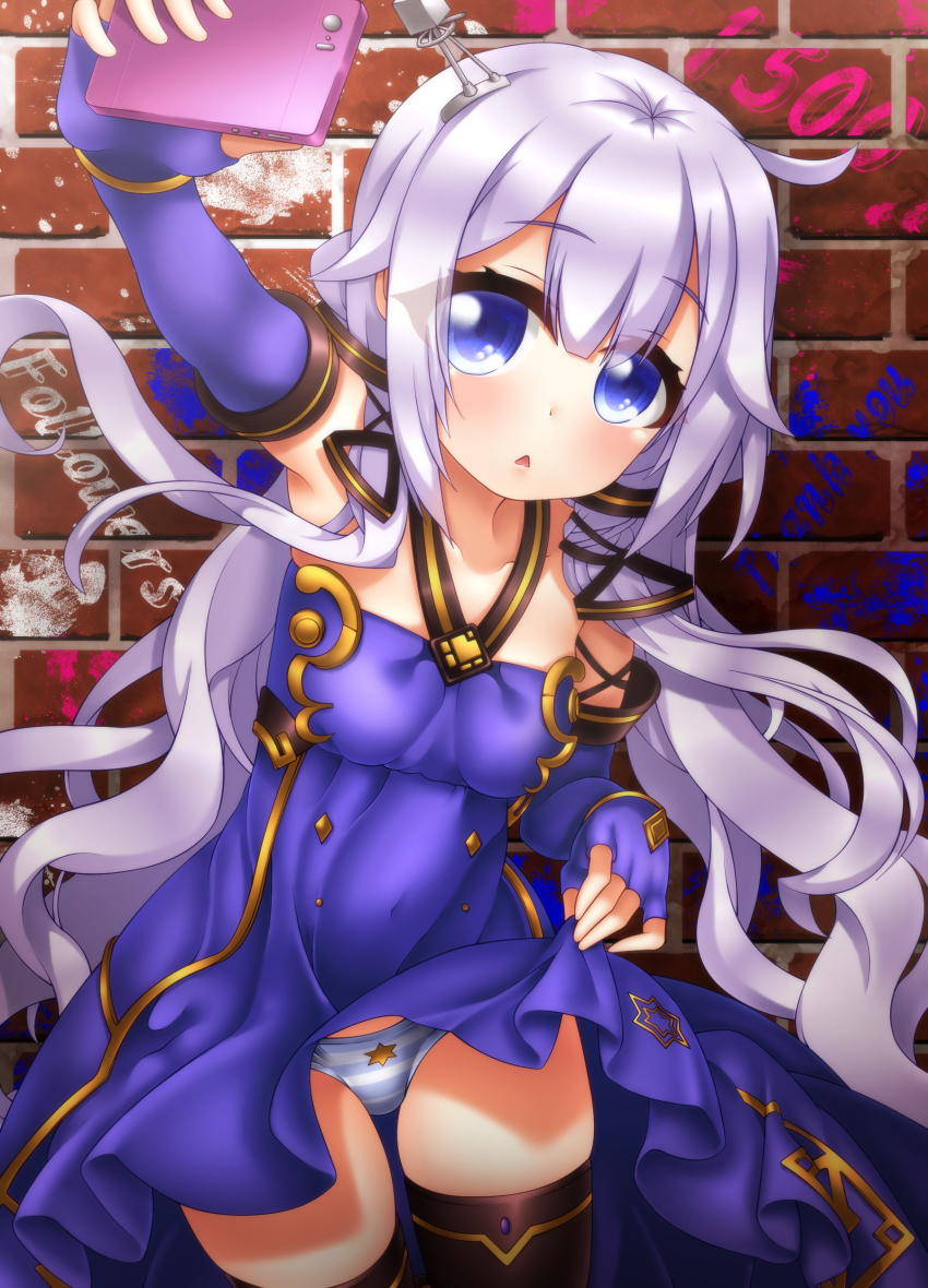 1girl :&lt; absurdres ahoge azur_lane bare_shoulders black_thighhighs breasts brick_wall cellphone clothes_lift collarbone commentary_request cosplay derivative_work dress dress_lift elbow_gloves female_focus fingerless_gloves gloves hair_between_eyes hair_ornament halterneck head_tilt highres holding holding_phone lifting_own_clothes long_hair looking_at_viewer oooqqq outstretched_arm panties parted_lips phone purple_dress purple_gloves purple_hair selfie small_breasts smartphone solo star_(symbol) striped_clothes striped_panties thighhighs triangle_mouth underwear unicorn_(azur_lane) very_long_hair vocaloid xingchen xingchen_(cosplay)
