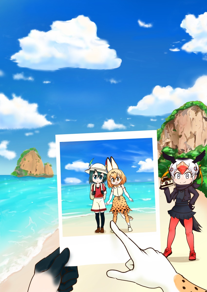 10s 3girls absurdres animal_ears animal_print backpack bag black_gloves black_hair black_legwear black_skirt blonde_hair blue_eyes blue_sky bow bowtie camera cloud day elbow_gloves extra_ears female_pov fuji_takanasu full_body gloves green_hair grey_eyes hair_between_eyes hat_feather head_wings helmet high-waist_skirt highres holding holding_camera holding_strap horizon kaban_(kemono_friends) kemono_friends long_sleeves looking_at_viewer miniskirt multicolored_bow multicolored_bowtie multicolored_hair multicolored_legwear multicolored_neckwear multiple_girls ocean pantyhose photo_(object) pleated_skirt pov print_legwear print_neckwear print_skirt red_footwear red_hair red_legwear red_shirt serval_(kemono_friends) serval_tail shirt shore short_sleeves shorts skirt sky sleeveless sleeveless_shirt smile tail thighhighs tufted_puffin_(kemono_friends) two-tone_bow two-tone_bowtie white_gloves white_hair white_helmet white_legwear white_neckwear wings yellow_eyes yellow_legwear yellow_neckwear yellow_skirt