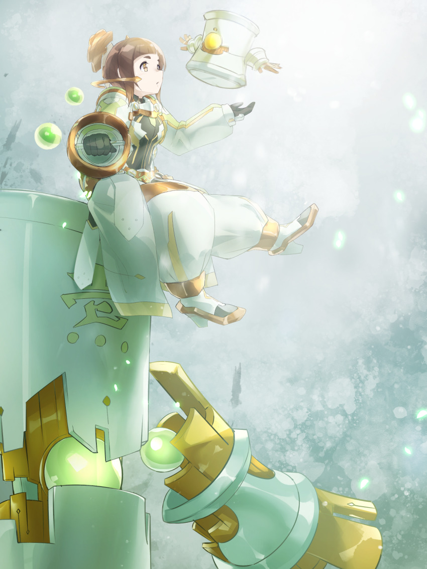 1girl armored_bodysuit brown_hair gauntlets highres kagajou_suzume kusunoki_mebuki_wa_yuusha_de_aru masabou orb robot sentinel_(yuusha_de_aru) shoes short_hair sitting yellow_eyes yuuki_yuuna_wa_yuusha_de_aru yuuki_yuuna_wa_yuusha_de_aru:_hanayui_no_kirameki yuusha_de_aru