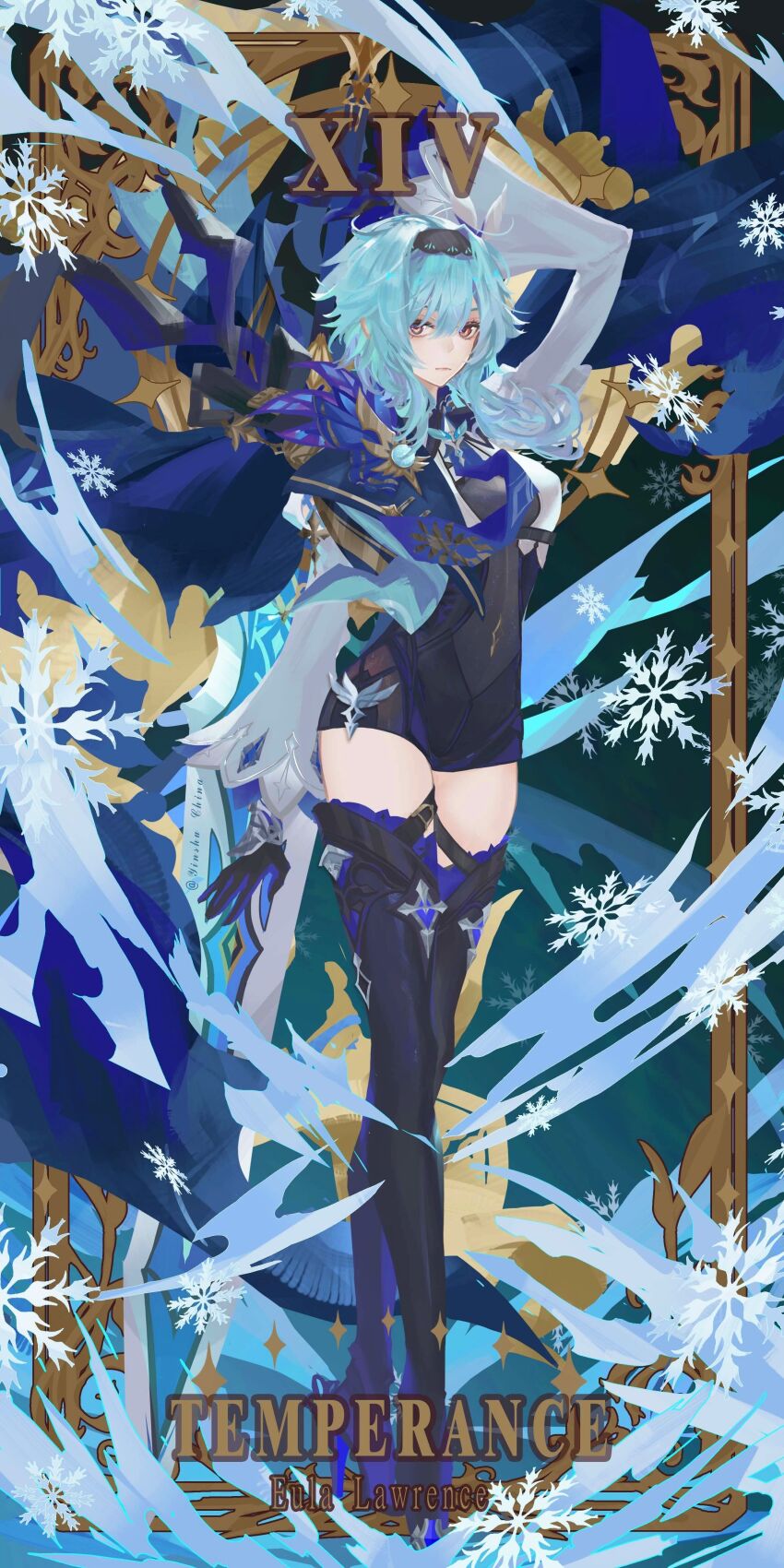 1girl absurdres arm_up black_bodysuit black_boots black_gloves blue_cape blue_hair blue_necktie blue_thighhighs bodysuit boots brown_eyes cape card_(medium) closed_mouth cryo_symbol_(genshin_impact) english_text eula_(genshin_impact) full_body genshin_impact gloves hair_ornament highres li0n_(kongshushiwo) light_blue_hair long_sleeves medium_hair necktie shirt sleeves_past_wrists snowflakes solo standing tarot tarot_(medium) temperance_(tarot) thigh_boots thighhighs vision_(genshin_impact) white_shirt