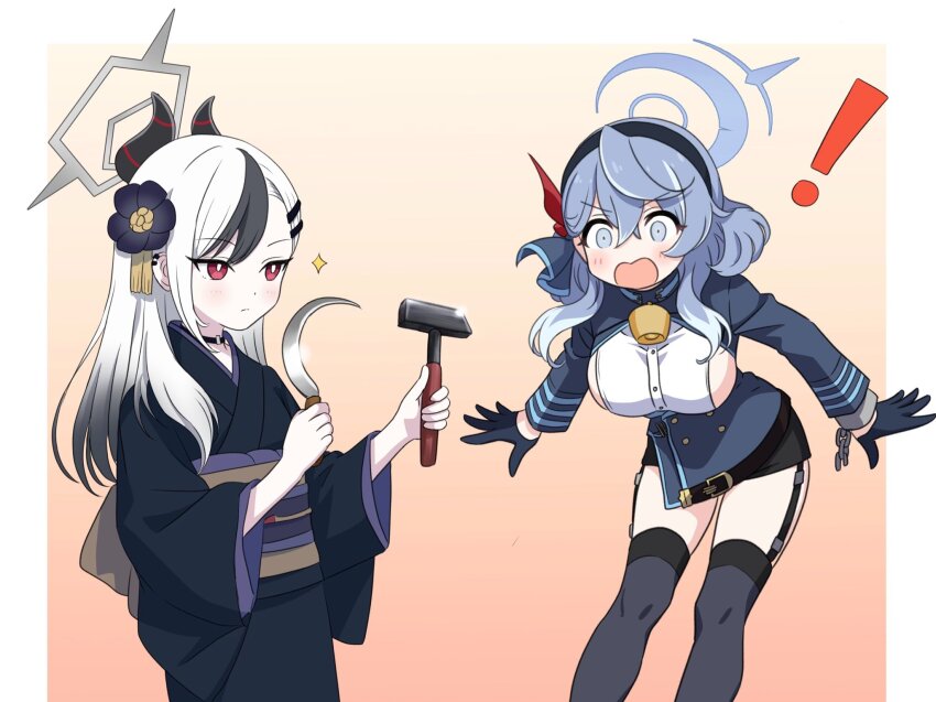 ! 2girls ako_(blue_archive) black_skirt blue_archive blue_eyes blue_hair blue_halo blush breasts demon_girl demon_horns gesupi_(provlemsolver57) halo hammer highres holding holding_hammer horns japanese_clothes kayoko_(blue_archive) kayoko_(new_year)_(blue_archive) kimono long_hair multicolored_hair multiple_girls open_mouth red_eyes simple_background skirt small_breasts standing two-tone_hair white_hair