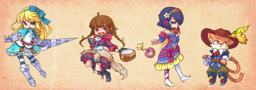 1other 3girls ahoge alice&#039;s_adventures_in_wonderland alice_(alice_in_wonderland) angry armor ascot basket bell black_hair black_jacket black_pantyhose black_shoes blonde_hair blue_bow blue_coat blue_dress blue_eyes blue_jacket blue_sleeves bomb boots bow brown_background brown_fur brown_hair brown_hat capelet coat collared_dress combat_boots commentary_request detached_sleeves dress eating explosive fighting_stance fingerless_gloves flower food frilled_dress frilled_ribbon frilled_tunic frills from_side fruit full_body gauntlets gloves greaves green_eyes hair_flower hair_ornament hand_on_hilt hat hat_feather holding holding_basket holding_food holding_fruit holding_polearm holding_weapon hood hooded_jacket jacket jingle_bell k0580t knee_boots knight lance lit_fuse little_red_riding_hood_(fairy_tale) little_red_riding_hood_(fairy_tale_character) looking_at_viewer looking_to_the_side low_twintails medal medium_hair multicolored_dress multicolored_jacket multiple_girls multiple_tails orange_fur outstretched_arm panties pants pantyhose polearm puffy_short_sleeves puffy_sleeves puss_in_boots_(fairy_tale) puss_in_boots_(fairy_tale_character) red_ascot red_eyes red_ribbon red_sleeves red_tiara ribbon shoes short_sleeves skull_print sleeve_cuffs snow_white_(fairy_tale) snow_white_(fairy_tale_character) striped_clothes striped_pants tail tunic twintails two-tone_jacket two-tone_pantyhose two-tone_skirt underwear weapon white_dress white_gloves white_panties white_shoes white_tunic yellow_capelet yellow_eyes yellow_trim