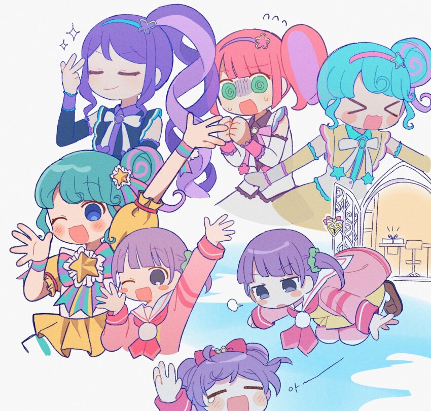 &gt;_&lt; 5girls ;d blue_eyes blue_hair blunt_bangs butterfly_hair_ornament closed_eyes closed_mouth commentary_request flying_sweatdrops green_eyes hair_ornament hand_up hands_up highres junon_(pripara) kanon_(pripara) korean_commentary long_hair long_sleeves manaka_laala manaka_laala_(normal) manaka_non manaka_non_(normal) multicolored_hair multiple_girls multiple_views one_eye_closed open_mouth pink_hair pinon_(pripara) pretty_series pripara purple_eyes purple_hair siblings side_ponytail sidelocks sisters smile streaked_hair surprised sururufu