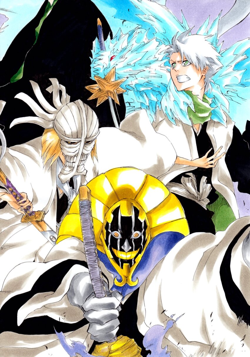 4boys bankai black_kimono black_sclera bleach bleach:_sennen_kessen-hen blonde_hair clenched_teeth colored_sclera colored_skin colored_teeth commentary_request commission cowboy_shot daiguren_hyourinmaru_(bankai) fighting_stance green_eyes grin haori highres hirako_shinji hitsugaya_toushirou holding holding_sword holding_weapon ice ice_wings japanese_clothes katana ken&#039;ichi_(ken1ro_u) kimono kubo_tite_(style) kurotsuchi_mayuri looking_at_viewer looking_up makeup male_focus mask multiple_boys neckerchief obi official_style purple_background sash short_hair simple_background smile spiked_hair sword teeth upper_body upturned_eyes urahara_kisuke weapon white_hair white_neckerchief white_skin wide-eyed wings yellow_eyes yellow_teeth