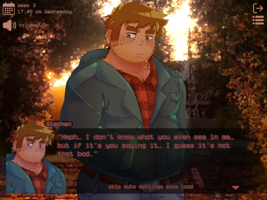 1boy bara beard_stubble blue_eyes blush dialogue_box facial_hair fake_screenshot fat fat_man highres jacket looking_at_viewer male_focus non-web_source open_clothes pants pov scott_pilgrim_(series) scott_pilgrim_takes_off shirt short_hair solo solo_focus stephen_stills stubble visual_novel