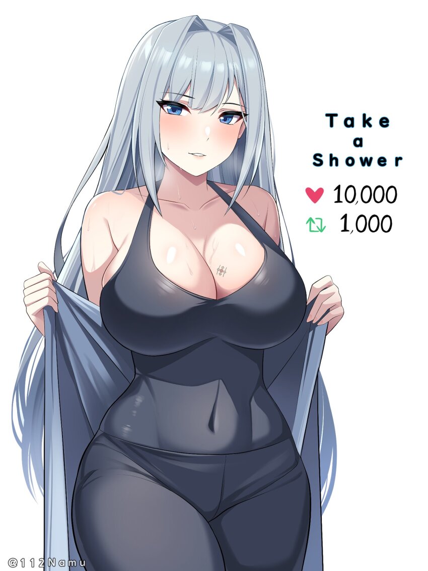 1girl bare_shoulders blue_eyes breasts cleavage collarbone covered_navel english_text ethel_(xenoblade) grey_hair hair_intakes highres large_breasts light_blush long_hair looking_at_viewer namu_(112namu) navel parted solo teeth twitter_strip_game undressing very_long_hair xenoblade_chronicles_(series) xenoblade_chronicles_3