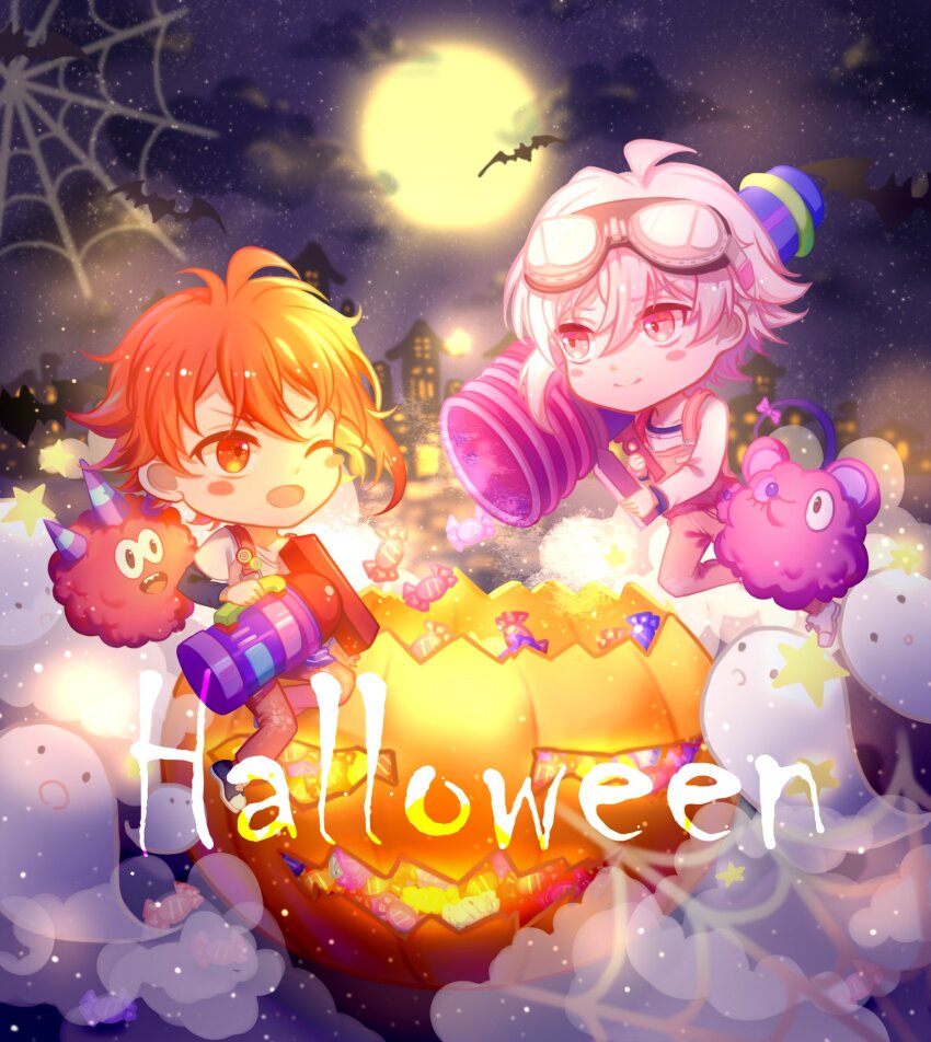 2boys ahoge antenna_hair bat_(animal) black-framed_eyewear black_shoes black_sleeves blush_stickers brown_pants candy chibi closed_mouth cloud confeitoo denim food full_moon ghost goggles goggles_on_head gun hair_between_eyes halloween happy highres holding holding_cannon holding_gun holding_weapon idolish7 jack-o&#039;-lantern jeans kujou_tenn layered_sleeves light_particles long_sleeves looking_at_another monster moon multiple_boys nanase_riku night night_sky open_mouth orange_vest outdoors over_shoulder paint pants pink_eyes pink_hair red_eyes red_hair shirt shoes short_hair_with_long_locks short_over_long_sleeves short_sleeves silk single_sidelock sky skyline smile sneakers spider_web star_(symbol) t-shirt v-shaped_eyebrows vest weapon weapon_over_shoulder white_shirt