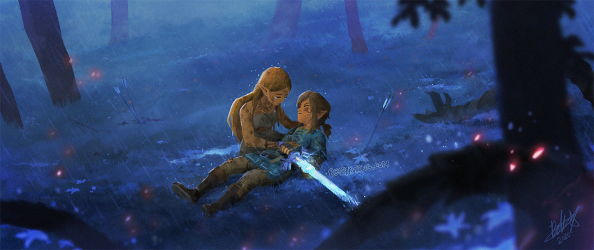 1boy 1girl arrow_(projectile) bettykwong blonde_hair dirty closed_eyes forest glowing glowing_sword glowing_weapon highres injury lap_pillow link long_hair lying master_sword nature nintendo on_back planted planted_arrow pointy_ears ponytail princess_zelda short_ponytail sword tears the_legend_of_zelda the_legend_of_zelda:_breath_of_the_wild tree watermark weapon web_address