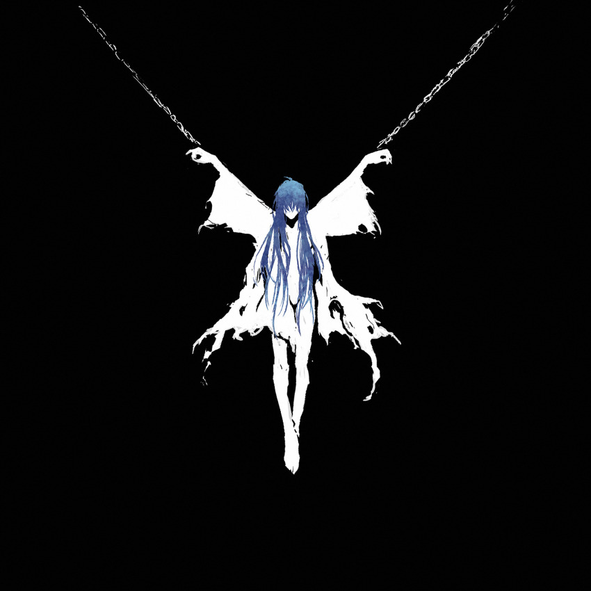1boy age_progression aidonotknow barefoot black_background blending blue_hair chain chained_wrists child dress gradient_hair hanging high_contrast highres legato_bluesummers limited_palette long_hair male_focus midair minimalism multicolored_hair no_eyes no_mouth no_pants overexposure patterned progression sequential solo torn_clothes torn_dress trap trigun trigun_maximum unmoving_pattern white_dress
