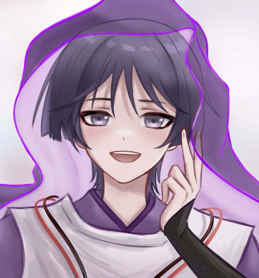 1boy armor black_hair blunt_ends blush clothing_cutout delisha_lia eyeliner eyeshadow fingernails genshin_impact grey_eyes hand_up highres japanese_armor japanese_clothes kariginu kimono kote kurokote layered_sleeves looking_at_viewer makeup male_focus open_mouth portrait purple_kimono purple_veil red_eyeliner red_eyeshadow scaramouche_(genshin_impact) scaramouche_(kabukimono)_(genshin_impact) shoulder_cutout signature solo string teeth tsurime upper_teeth_only v veil white_background