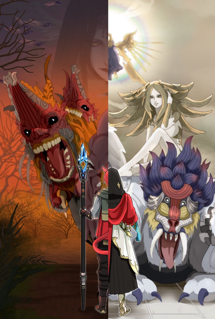 1boy 1girl colored_skin crystal_exarch final_fantasy final_fantasy_xiv forgiven_obscenity from_behind g&#039;raha_tia giant giantess gladiator_sandals highres holding holding_scepter innocence_(final_fantasy) monster sandals scepter split_screen standing terminus_howler terminus_trampler the_endsinger wentyff14 white_skin