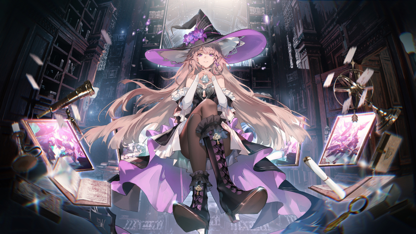 1girl bare_shoulders black_dress black_footwear black_pantyhose book bookshelf brown_hair candle candlestand chinese_commentary commentary_request cross dress floating hat herta_(honkai:_star_rail) highres honkai:_star_rail honkai_(series) kuuus long_hair magnifying_glass open_book pantyhose portrait purple_eyes ruan_mei_(honkai:_star_rail) solo telescope the_herta_(honkai:_star_rail) witch_hat