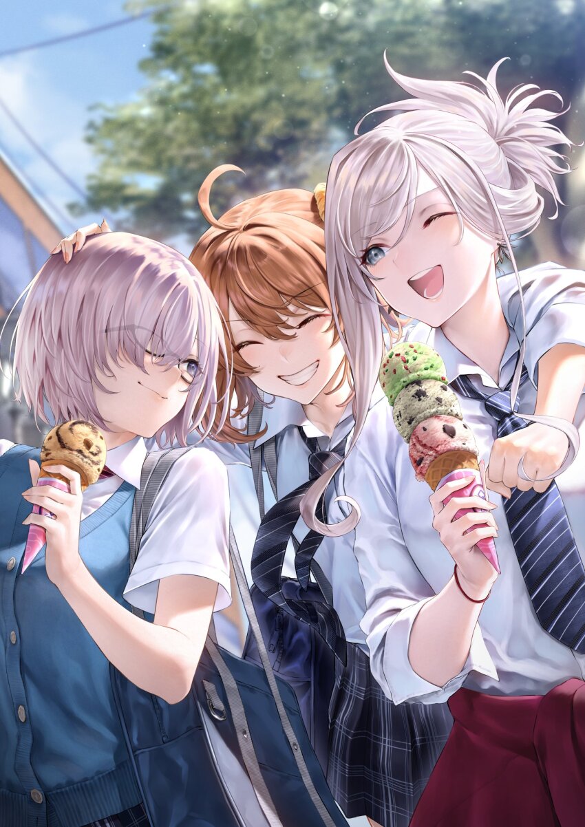 3girls ;d ahoge bag blue_eyes blue_sky blue_vest blush breasts cardigan_vest closed_eyes clothes_around_waist collared_shirt fate/grand_order fate_(series) food fujimaru_ritsuka_(female) girl_sandwich glasses grin hair_over_one_eye highres ice_cream ice_cream_cone jacket jacket_around_waist large_breasts long_hair mash_kyrielight medium_breasts miyamoto_musashi_(fate) mugetsu2501 multiple_girls necktie one_eye_closed one_side_up open_mouth orange_hair outdoors pink_hair plaid_clothes plaid_skirt ponytail purple_eyes sandwiched school_bag school_uniform shirt short_hair short_sleeves shoulder_bag skirt sky smile swept_bangs tree vest white_shirt