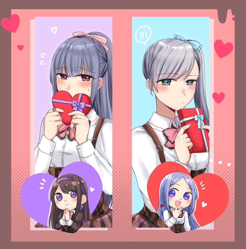 4girls :d aqua_eyes arm_at_side assault_lily averting_eyes blue_bow blue_hair blush border bow bowtie box braid brown_background brown_border brown_hair brown_jacket brown_skirt chibi closed_mouth collared_shirt commentary_request corset covered_mouth flying_sweatdrops fukuyama_jeanne_sachie gift gift_box grey_hair hair_ribbon hairband half_up_braid half_updo halftone halftone_background hand_up hands_up heart heart-shaped_box highres holding holding_gift houjou_monica_asahi jacket jewelry juliet_sleeves kishimoto_maria_mirai long_hair long_sleeves looking_at_viewer ludvico_private_girls&#039;_academy_school_uniform multiple_girls nigari_(ngari_0115) no_pupils notice_lines open_mouth own_hands_together palms_together pendant pink_bow pink_bowtie pink_eyes plaid_clothes plaid_skirt puffy_sleeves purple_bow purple_eyes purple_hairband purple_ribbon raised_eyebrows red_background ribbon ring school_uniform shirt side_ponytail skirt smile speech_bubble spoken_blush suspenders sweat tachibana_theresia_nagisa twin_braids underbust upper_body valentine white_shirt yuri