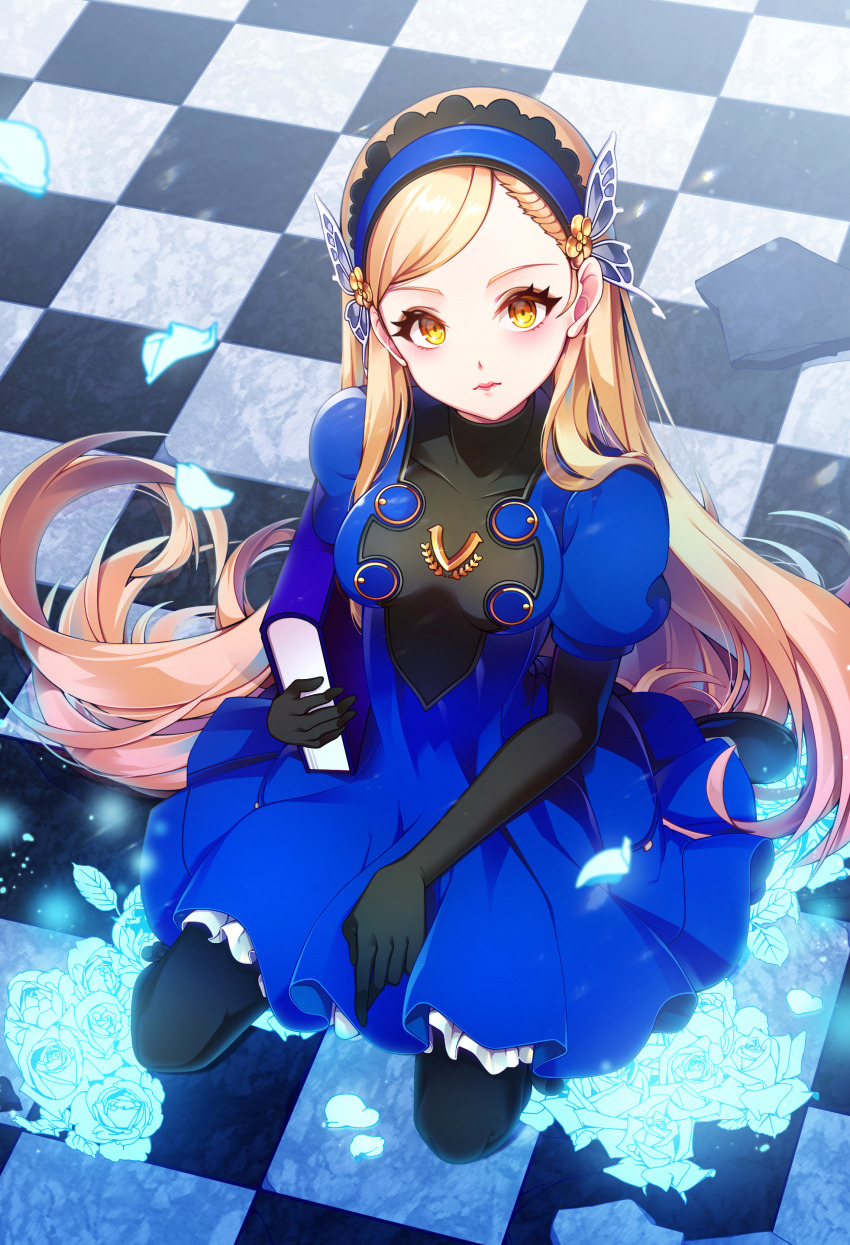 10s 1girl absurdres black_gloves black_pantyhose blonde_hair blue_dress blue_flower blue_hairband blue_rose book checkered_floor chepill closed_mouth dress elbow_gloves female_focus flower from_above gloves hairband highres lavenza_(persona_5) long_hair looking_at_viewer pantyhose persona persona_5 rose sitting solo wariza yellow_eyes