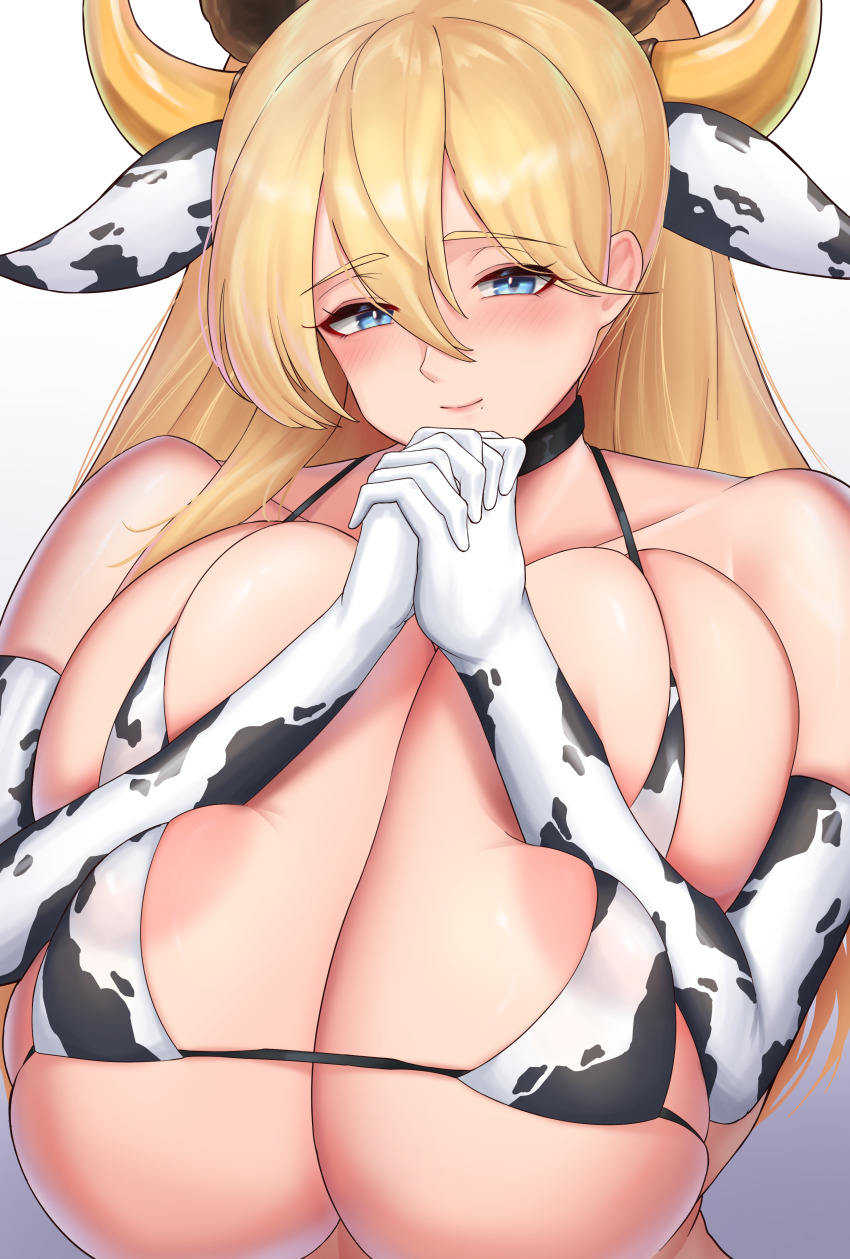 1girl absurdres animal_ears animal_print areola_slip bear_ears bikini blonde_hair blue_eyes blush breasts cccco cow_ears cow_girl cow_horns cow_print cow_print_bikini extra_ears fake_animal_ears fake_horns frigga_(last_origin) gigantic_breasts gradient_background highres horns last_origin light_smile long_hair micro_bikini official_alternate_costume own_hands_clasped own_hands_together pov print_bikini simple_background solo swimsuit upper_body