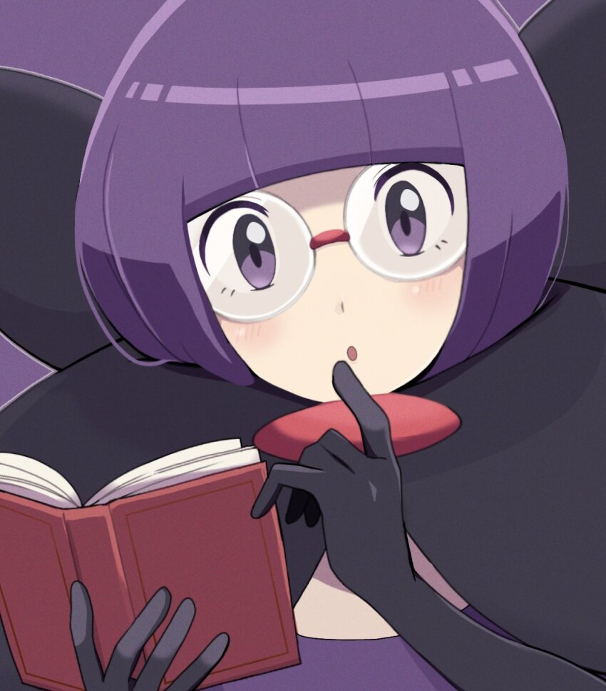 1girl :o black_gloves black_scarf blunt_bangs book glasses gloves hands_up highres holding holding_book looking_at_viewer nakikot_t nintendo open_mouth pokemon pokemon_bw purple_background purple_eyes purple_hair purple_shirt rimless_eyewear round_eyewear scarf shauntal_(pokemon) shirt short_hair simple_background solo