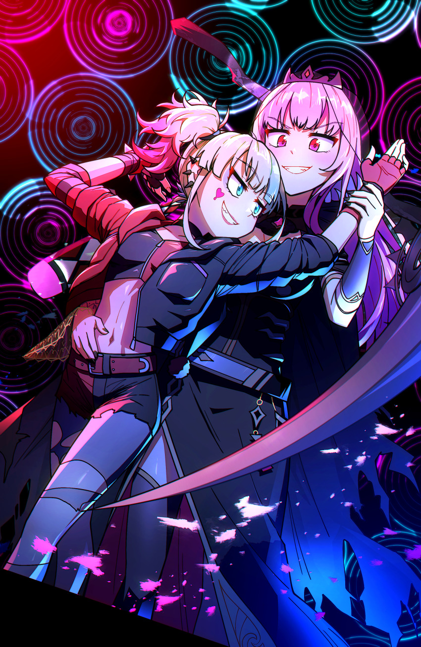 2girls absurdres batman_(series) black_shorts blonde_hair blue_eyes blue_hair blush crop_top crossover dc_comics ddolbang fingerless_gloves gloves harley_quinn harley_quinn_(suicide_squad_isekai) highres hololive hololive_english jacket long_hair long_sleeves makeup mori_calliope mori_calliope_(1st_costume) multicolored_hair multiple_girls navel pink_eyes pink_hair red_eyes red_hair shorts smile suicide_squad suicide_squad_isekai twintails virtual_youtuber