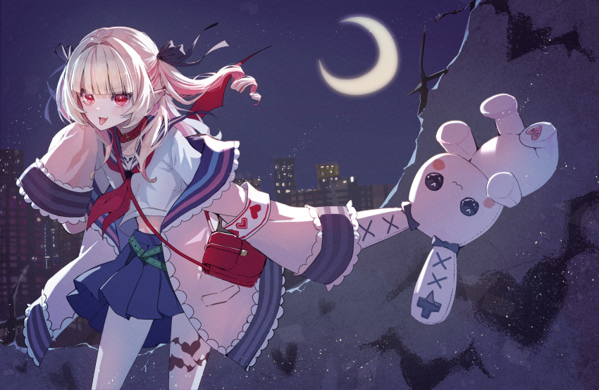 1girl absurdres crescent_moon highres makaino_ririmu makaino_ririmu_(4th_costume) misty_cj moon night nijisanji red_eyes school_uniform serafuku sleeves_past_fingers sleeves_past_wrists stuffed_animal stuffed_toy tongue tongue_out virtual_youtuber