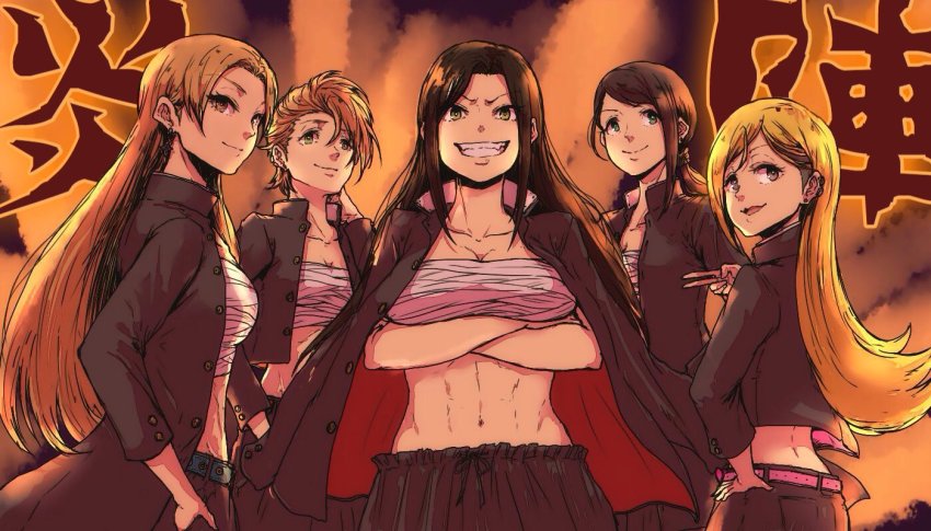 10s 5girls abs asymmetrical_bangs delinquent eshaku_(asifu-coffee) fujimoto_rina gakuran hair_between_eyes hand_on_own_hip idolmaster idolmaster_cinderella_girls idolmaster_cinderella_girls_starlight_stage kimura_natsuki long_hair matsunaga_ryo mukai_takumi multiple_girls ponytail sarashi school_uniform short_hair standing v yamato_aki