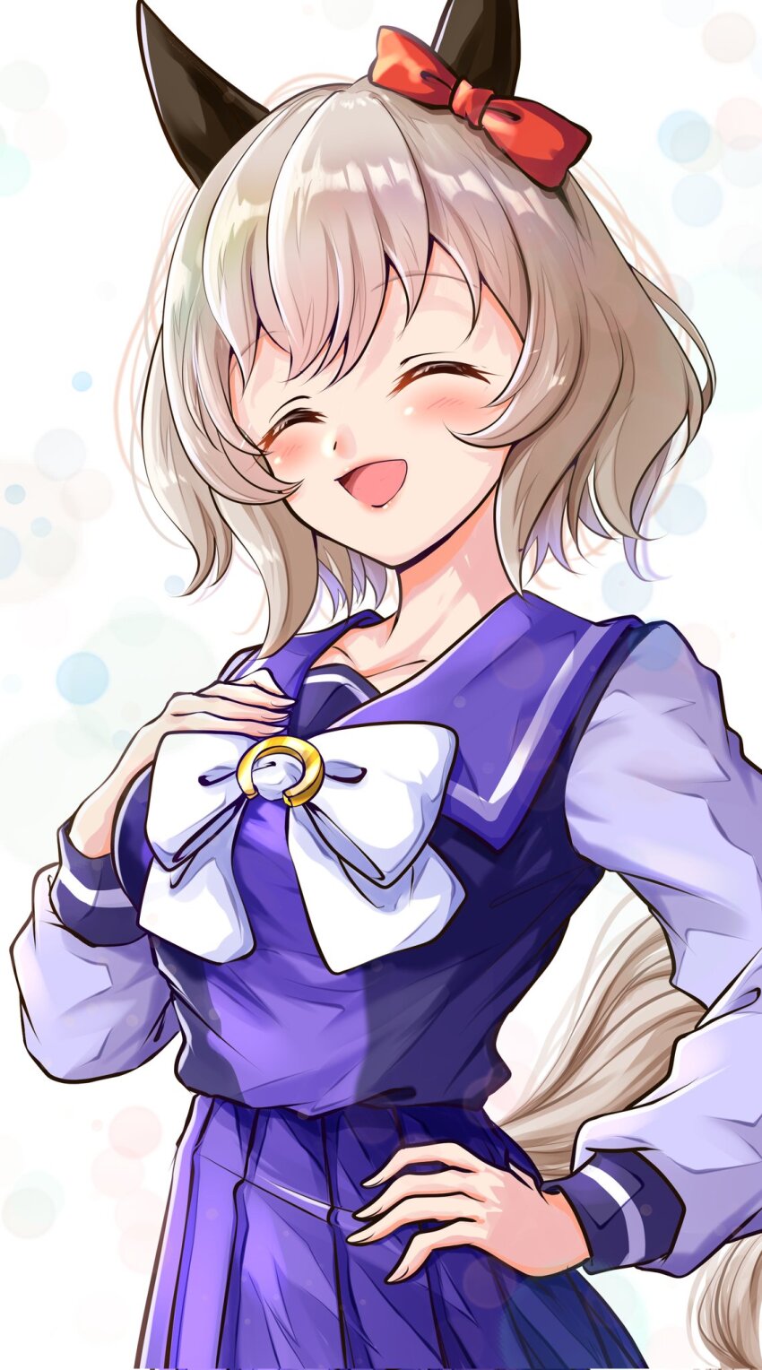 bow bowtie breasts closed_eyes curren_chan_(umamusume) ear_covers highres kakikakilemon large_breasts long_sleeves open_mouth puffy_long_sleeves puffy_sleeves purple_sailor_collar purple_serafuku purple_shirt purple_skirt sailor_collar sailor_shirt school_uniform serafuku shirt simple_background skirt smile tracen_school_uniform white_bow white_bowtie