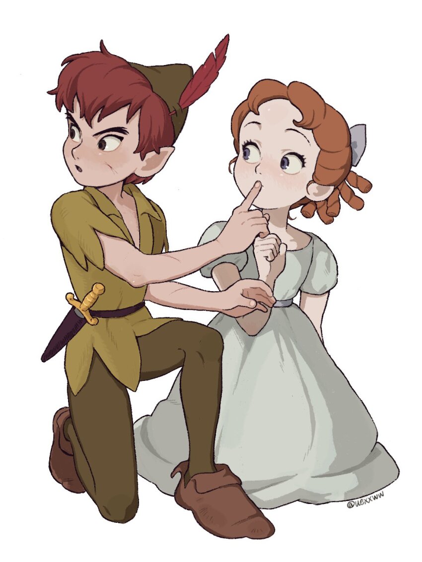 1boy 1girl boots bow brown_boots dagger dress finger_to_another&#039;s_mouth full_body green_hat green_pantyhose green_tunic grey_dress hair_bow hat hat_feather highres injury kneeling knife kumao_(uexxww) long_dress medium_hair on_one_knee pantyhose parted_bangs parted_lips peter_pan_(character) pointy_ears pointy_hat puffy_short_sleeves puffy_sleeves ringlets short_hair short_sleeves tunic twitter_username walt_disney&#039;s_peter_pan weapon wendy_darling white_background