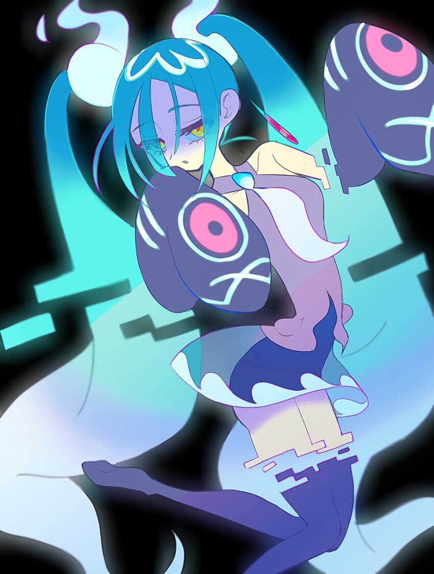1girl aqua_hair black_thighhighs blue_hair breasts detached_arm detached_legs detached_sleeves ghost_miku_(project_voltage) glitch gradient_hair grey_shirt hatsune_miku highres long_hair looking_at_viewer multicolored_hair nintendo parted_lips pokemon project_voltage see-through_clothes see-through_skirt shirt simple_background skirt sleeveless sleeveless_shirt sleeves_past_fingers sleeves_past_wrists solo thighhighs tisanntisyou very_long_hair vocaloid white_hair yellow_eyes