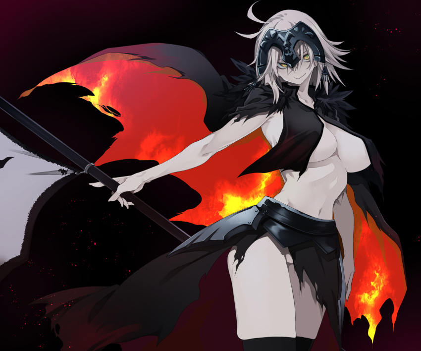 10mo 1girl absurdres ahoge black_cape black_skirt black_thighhighs breast_curtains breasts cape fate/grand_order fate_(series) flag grey_hair headpiece highres jeanne_d&#039;arc_alter_(avenger)_(fate) jeanne_d&#039;arc_alter_(fate) large_breasts looking_at_viewer polearm short_hair skirt solo thighhighs thighs underboob weapon yellow_eyes