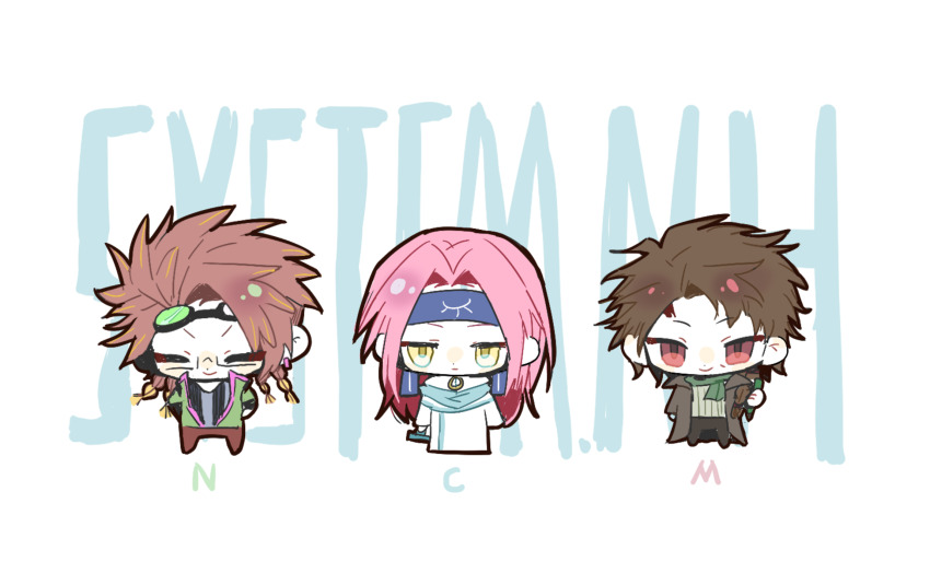 3boys black_jacket black_pants blonde_hair blue_headband blue_scarf blush_stickers braid brown_hair brown_pants chibi chibi_only chinese_commentary closed_eyes closed_mouth coat commentary_request curtained_hair enein_rundall english_text expressionless glasses goggles goggles_on_head green_jacket green_scarf grey_sweater harada_minoru headband highres holding holding_pen jacket jitome long_hair long_sleeves male_focus multiple_boys open_clothes open_jacket orie_rin pants parted_bangs pen pink_hair pink_trim quad_braids rectangular_eyewear red_eyes ribbed_sweater saibou_shinkyoku sanshui-hana scar scar_on_face scar_on_forehead scarf semi-rimless_eyewear shirt side_braid single_braid smile striped_clothes striped_shirt sweater tsurime v-shaped_eyebrows vertical-striped_clothes vertical-striped_shirt white_coat yellow_eyes
