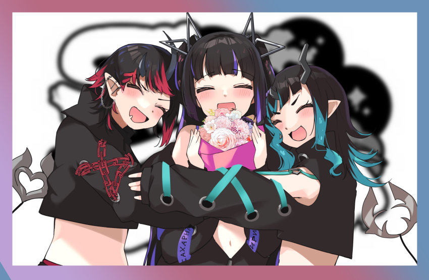 3girls absurdres black_hair black_jacket blue_hair blunt_bangs blush bouquet chain closed_eyes clothing_cutout commentary_request cropped_jacket cross-laced_clothes cross-laced_sleeves demon_girl demon_horns demon_tail ear_chain ear_piercing flower highres holding holding_bouquet horns hug jacket kojo_anna long_hair long_sleeves midriff multicolored_hair multiple_girls nanashi_inc. navel off_shoulder open_mouth piercing pink_flower pointy_ears purple_hair red_hair ryugasaki_rene shishio_chris short_hair shoulder_cutout smile sugar_lyric tail twintails two-tone_hair upper_body virtual_youtuber zipper zono_(inokura_syuzo029)