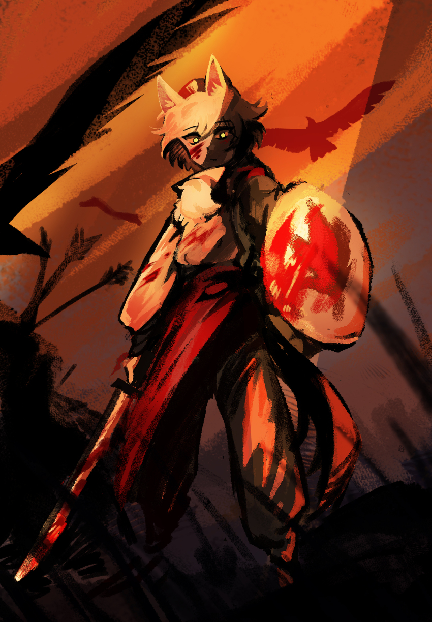 1girl absurdres animal_ears blood blood_on_clothes blood_on_face erty113 full_body glowing glowing_eyes hat highres holding holding_shield holding_sword holding_weapon inubashiri_momiji leaf_print maple_leaf_print pom_pom_(clothes) shield shirt short_hair standing sword tail tokin_hat touhou weapon white_hair wolf_ears wolf_tail yellow_eyes
