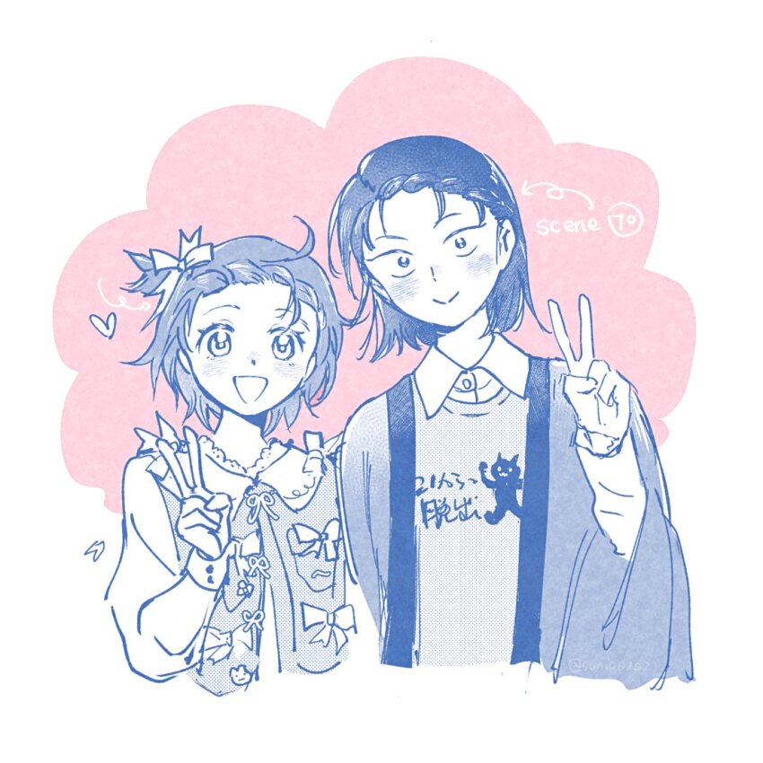 2girls :&gt; :d bow braid braided_bangs collared_shirt commentary cropped_torso crossover hair_bow hanten_(clothes) heart height_difference iwakura_mitsumi limited_palette long_sleeves looking_at_viewer medalist_(manga) multiple_girls one_side_up open_mouth shirt short_hair skip_to_loafer smile sunio0202 sweater v yuitsuka_inori