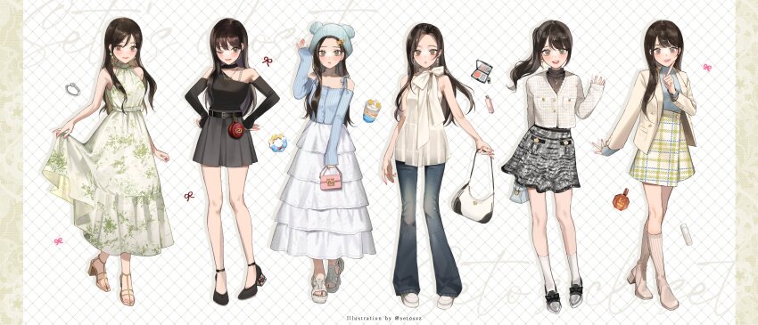 1girl absurdres ankle_strap arm_behind_back artist_name bag bare_shoulders beanie belted_skirt black_shirt black_shoes black_skirt blazer blouse blue_hat blue_shirt blush boots bottle bow brown_eyes brown_hair brown_shoes cardigan commentary denim detached_sleeves donut dress earflap_beanie earrings finger_to_own_chin flower_earrings food full_body grid grid_background hair_behind_ear hair_ornament hairclip halterneck handbag hands_on_own_hips hat high_heel_boots high_heel_sandals high_heels highres holding holding_bag jacket jeans jewelry lipstick long_hair long_skirt long_sleeves looking_at_viewer makeup makeup_palette miniskirt multiple_views one_eye_closed original pants parfait parted_bangs perfume_bottle pink_lips pink_nails plaid_clothes plaid_skirt platform_sandals ponytail sandals seto_jiro shirt shoes silver_shoes simple_background skirt sleeves_past_wrists socks star_(symbol) star_hair_ornament sweater sweater_tucked_in thighs tiered_skirt turtleneck unworn_ring waving white_dress white_shirt white_shoes white_skirt white_socks white_sweater