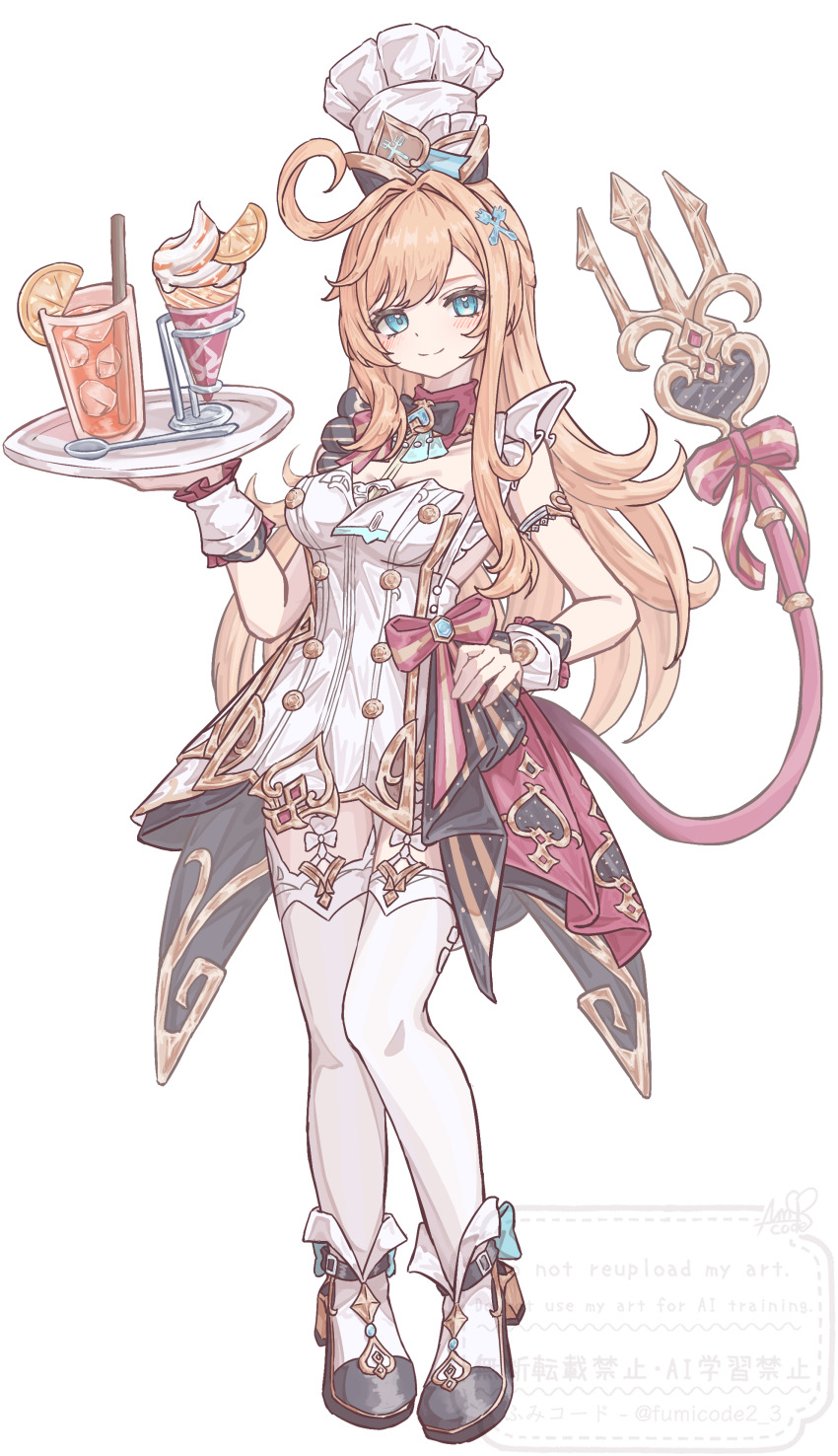 1girl absurdres ahoge blonde_hair blue_eyes bow breasts chef_hat dress escoffier_(genshin_impact) food fruit full_body fumicode2_3 garter_straps genshin_impact hat highres holding holding_plate holding_tray ice_cream juice lemon lemon_slice long_hair looking_at_viewer plate simple_background smile solo standing tail tail_ornament thighhighs toque_blanche tray watermark white_background white_thighhighs