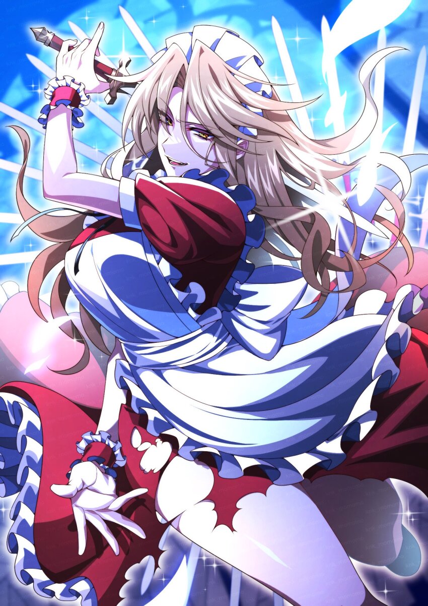 1girl apron blonde_hair breasts commentary_request danmaku dress frilled_apron frilled_dress frilled_wrist_cuffs frills highres holding holding_sword holding_weapon kamenozoki_momomo long_hair maid maid_apron maid_headdress medium_breasts puffy_short_sleeves puffy_sleeves red_dress red_wrist_cuffs short_sleeves solo spread_legs sword thighs torn_clothes touhou touhou_(pc-98) very_long_hair weapon white_apron wrist_cuffs yellow_eyes yumeko_(touhou)