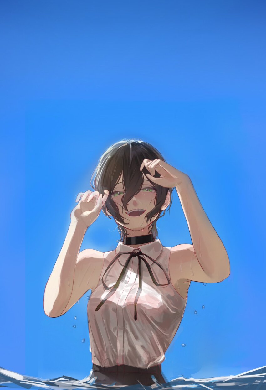 1girl armpits black_choker black_hair blue_sky blush breasts chainsaw_man choker hair_between_eyes highres looking_at_viewer neck_ribbon partially_submerged reze_(chainsaw_man) ribbon sawatani_(_swt2) shirt sky sleeveless sleeveless_shirt small_breasts smile solo upper_body wet wet_clothes wet_hair white_shirt