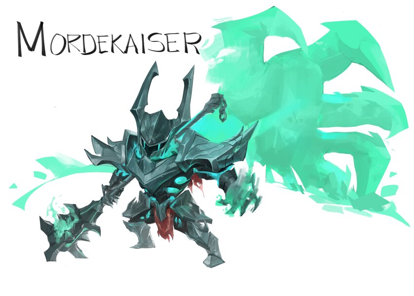 1boy absurdres armor armored_boots boots breastplate character_name colored_skin fourdee full_armor gauntlets green_skin helm helmet highres holding holding_mace holding_weapon league_of_legends mace magic male_focus mordekaiser shoulder_armor solo weapon