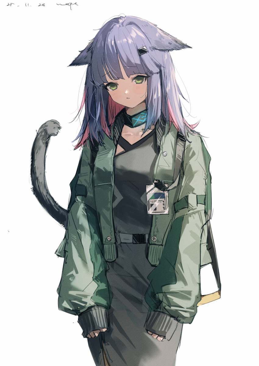 1girl absurdres animal_ears arknights artist_name black_dress blue_hair cat_ears cat_girl cat_tail colored_inner_hair commentary_request cosplay dated dress green_eyes green_jacket highres id_card infection_monitor_(arknights) jacket jessica_(arknights) long_sleeves multicolored_hair open_clothes open_jacket pink_hair pppmepl puffy_long_sleeves puffy_sleeves simple_background solo tail vanilla_(arknights) vanilla_(arknights)_(cosplay) white_background
