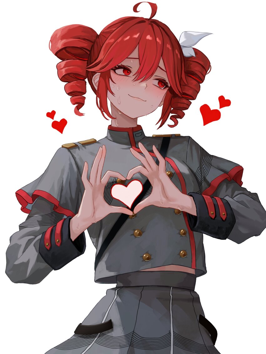 1girl :3 absurdres ahoge belt birthday black_belt blush bow closed_mouth commentary double-parted_bangs drill_hair embarrassed english_commentary grey_jacket grey_skirt hair_between_eyes hair_bow hands_up heart heart_hands highres jacket kasane_teto kasane_teto_(sv) layered_sleeves long_sleeves looking_to_the_side midriff_peek musical_staff red_eyes red_hair red_trim shoulder_belt shoulder_boards simple_background skirt skirt_set solo striped_clothes striped_jacket striped_skirt sweat synthesizer_v twin_drills upper_body utau white_background white_bow yan_kodiac