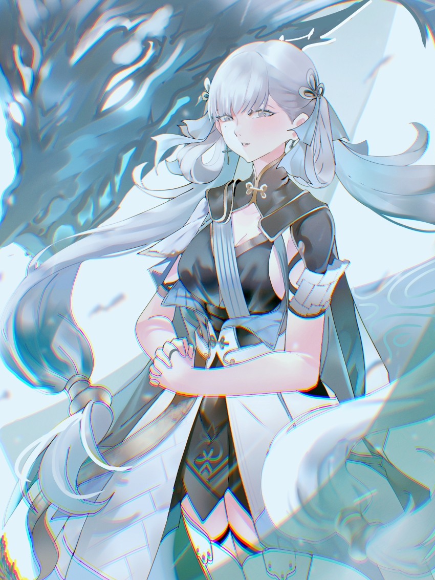 1girl absurdres black_collar black_dress breasts chromatic_aberration cleavage coat collar commentary cowboy_shot dress earrings english_commentary heavy_chromatic_aberration highres jewelry jinhsi_(wuthering_waves) jue_(wuthering_waves) kaburagon long_hair looking_at_viewer medium_breasts own_hands_clasped own_hands_together parted_lips solo thighs two_side_up very_long_hair white_coat white_eyes white_hair wuthering_waves