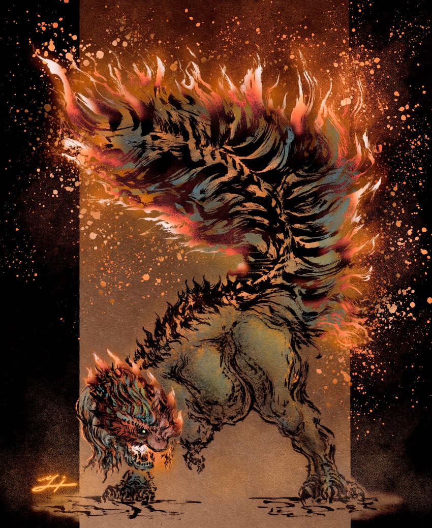 absurdres calligraphy_brush_(medium) claws cockatrice deadpool_yuchan fire glowing_tail highres monster monster_focus monster_hunter_(series) monster_hunter_wilds no_humans open_mouth pillarboxed pyrokinesis quematrice sharp_teeth signature solo standing tail_raised teeth