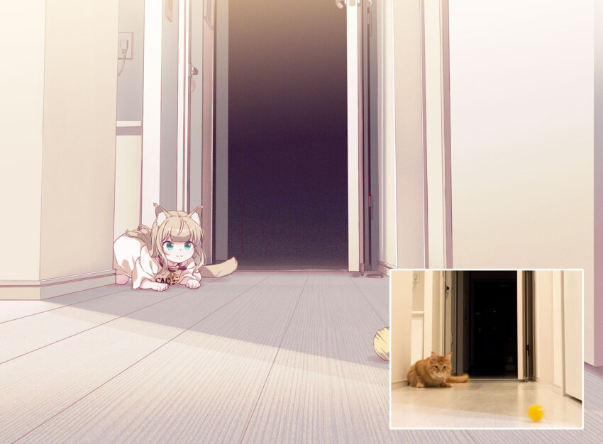 1girl 40hara animal_collar animal_ear_fluff animal_ears aqua_eyes barefoot blonde_hair blunt_bangs bottomless cat_ears cat_girl cat_tail closed_mouth collar creature_and_personification indoors kinako_(40hara) long_hair messy_hair motion_blur on_floor open_door original oversized_clothes oversized_shirt personification photo_inset pouncing red_collar reference_inset shirt solo t-shirt tail white_shirt wooden_floor yarn yarn_ball