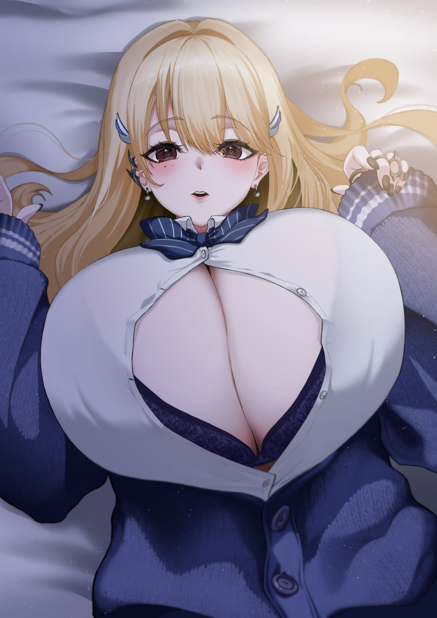 1girl absurdres black_nails blue_bow blue_bowtie blue_cardigan blush bow bowtie bra breasts brown_eyes button_gap cardigan cleavage collared_shirt earrings goddess_of_victory:_nikke highres huge_breasts jewelry kuremon lips long_hair lying multiple_rings necktie on_back open_clothes open_mouth open_shirt purple_bra ring shirt solo striped_necktie teeth thick_eyelashes tia_(nikke) underwear upper_teeth_only white_shirt