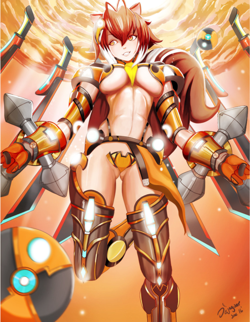 1girl abs animal_ears antenna_hair artist_name blazblue breasts brown_eyes brown_hair cosplay crop_top crotch_plate dual_wielding female_focus fingerless_gloves floating gloves glowing highleg highres holding jellcaps large_breasts makoto_nanaya monster_girl mu-12 mu-12_(cosplay) multicolored_hair muscular muscular_female revealing_clothes short_hair smile solo squirrel_ears squirrel_tail sword tail tonfa two-tone_hair underboob underwear weapon