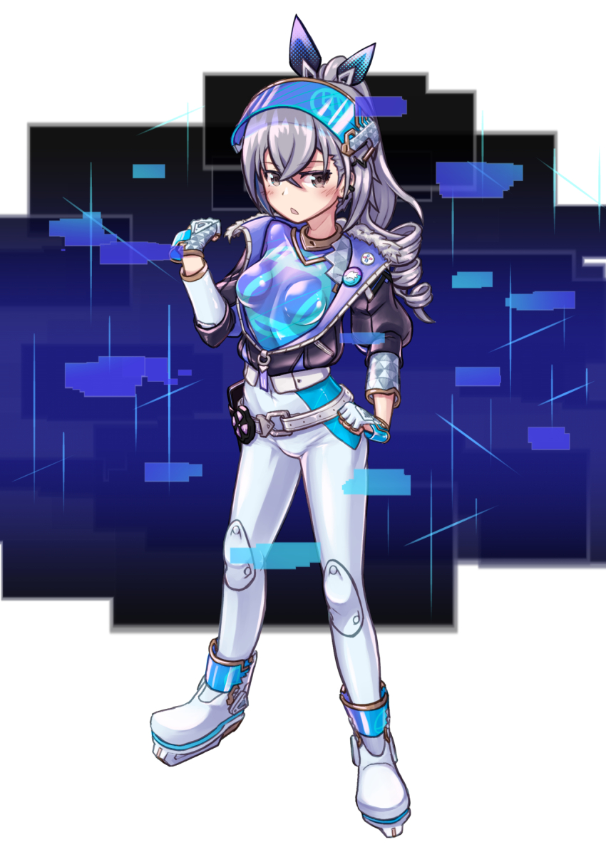 1girl bodysuit breasts drill_hair drill_ponytail eyewear_on_head fur-trimmed_jacket fur_trim goggles goggles_on_head grey_eyes halcyon_(halcyon90) highres honkai:_star_rail honkai_(series) jacket looking_at_viewer open_mouth silver_wolf_(honkai:_star_rail) skin_tight small_breasts solo