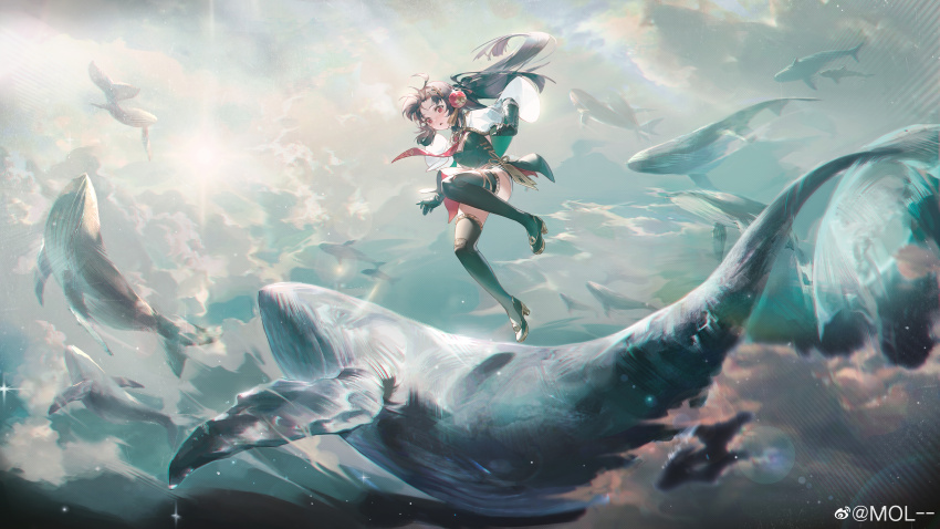 1girl absurdres black_dress black_footwear black_hair black_thighhighs blue_sky blue_whale cloud dress floating_hair flying_whale high_heels highres jumping lantern_hair_ornament long_hair looking_at_animal looking_down mechanical_arms mol-- necktie official_art outdoors pulao:_dragontoll_(pgr) pulao_(pgr) punishing:_gray_raven red_necktie ring_sidelocks short_dress shrug_(clothing) side_ponytail sky solo thighhighs very_long_hair watermark weibo_watermark whale white_shrug wide_shot