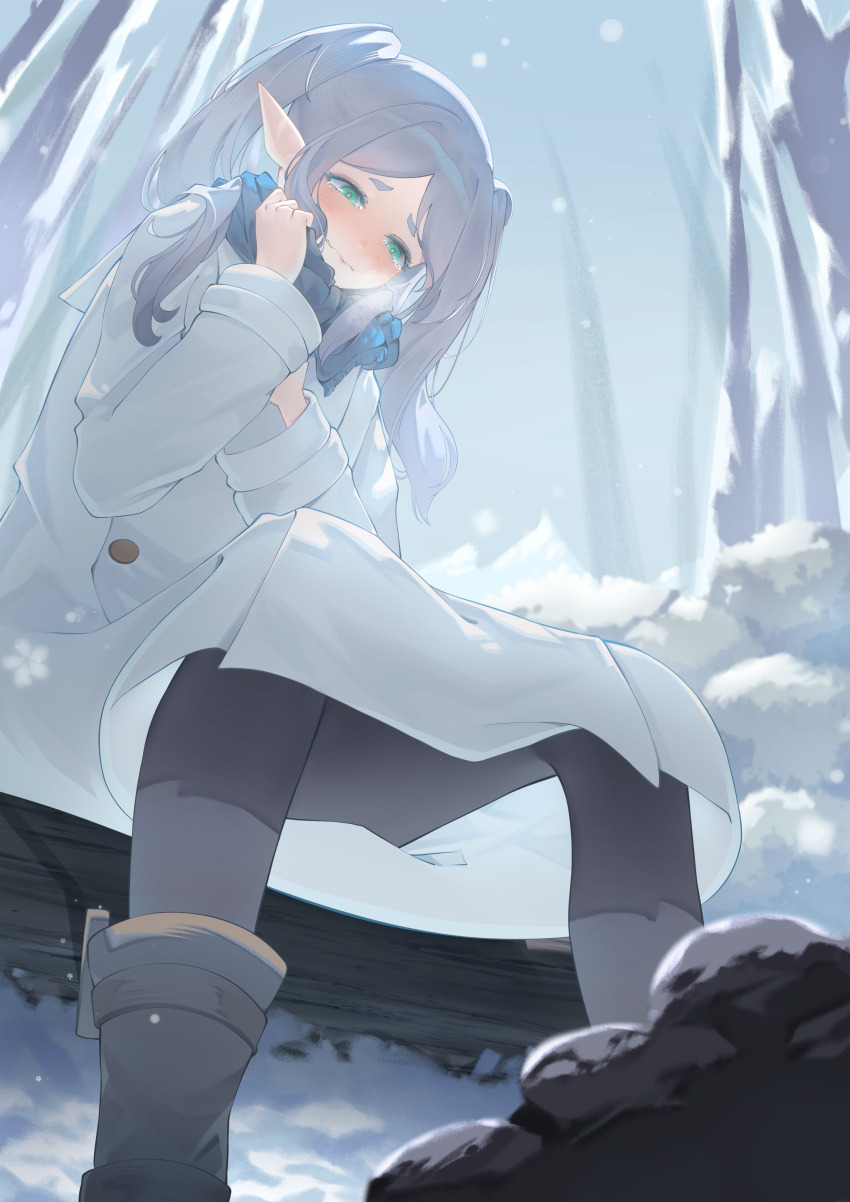 1girl absurdres black_pantyhose blue_scarf blush boots closed_mouth commentary_request dress frieren green_eyes grey_hair hand_up highres long_hair long_sleeves miku_rasha outdoors pantyhose pointy_ears scarf sitting snow snowing solo sousou_no_frieren twintails white_dress winter_clothes