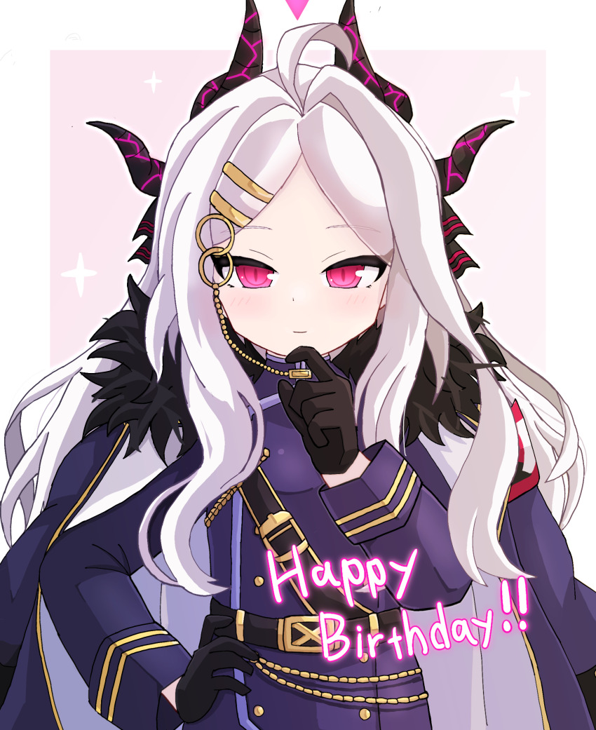 1girl absurdres armband black_coat black_gloves black_halo black_skirt blue_archive blush breasts coat coat_on_shoulders demon_girl demon_horns denoukuraimakku gloves halo happy_birthday highres hina_(blue_archive) horns looking_at_viewer purple_eyes red_armband skirt small_breasts solo sparkle