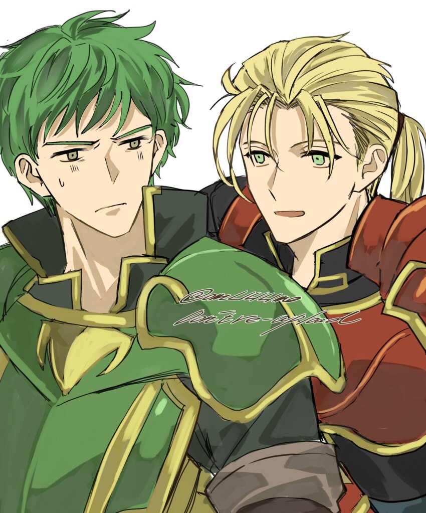 2boys armor blonde_hair closed_mouth fire_emblem fire_emblem:_the_sacred_stones forde_(fire_emblem) green_armor green_eyes green_hair highres kyle_(fire_emblem) male_focus multiple_boys nintendo omlililimo open_mouth pauldrons ponytail red_armor shoulder_armor white_background