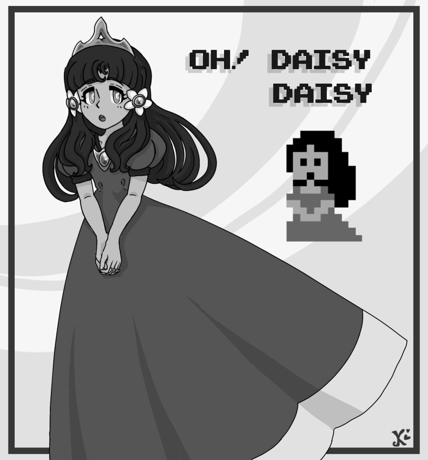 1girl character_name crown dress earrings floating_earring full_body gameboy jewelry keidontlie long_hair looking_at_viewer mario_(series) nintendo princess_daisy puffy_short_sleeves puffy_sleeves retro_artstyle short_sleeves standing super_mario_land tomboy